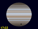 Io, Io's schaduw en Ganymedes' schaduw zichtbaar op Jupiters schijf