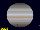 Io's schaduw en Ganymedes' schaduw zichtbaar op Jupiters schijf