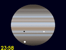 Io's schaduw en Ganymedes zichtbaar op Jupiters schijf