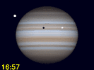 Io, Io's schaduw en Ganymedes gelijktijdig te zien op de schijf van Jupiter