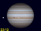 Europa, Europa's schaduw en Ganymedes gelijktijdig zichtbaar op Jupiters schijf