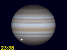 Io's schaduw en Ganymedes gelijktijdig te zien op de schijf van Jupiter