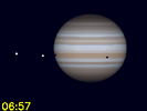 Io's schaduw en Europa's schaduw gelijktijdig te zien op de schijf van Jupiter