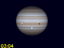 Io's schaduw en Ganymedes gelijktijdig te zien op de schijf van Jupiter