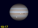 Io, Io's schaduw en Callisto gelijktijdig zichtbaar op Jupiters schijf
