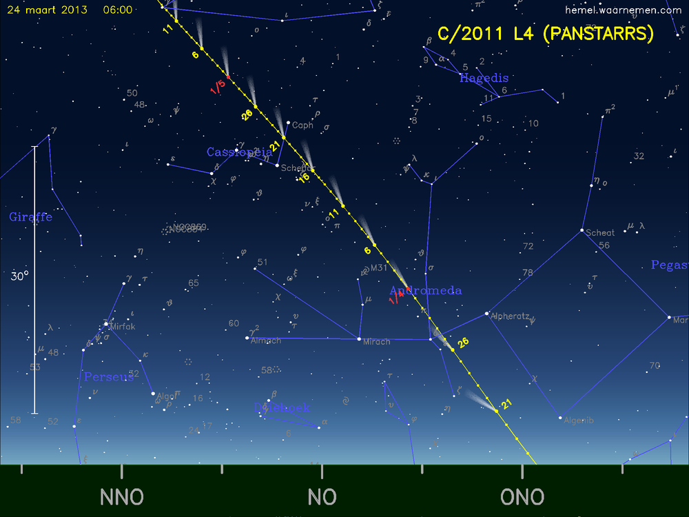 De komeet C/2011 L4 (PANSTARRS) aan de ochtendhemel