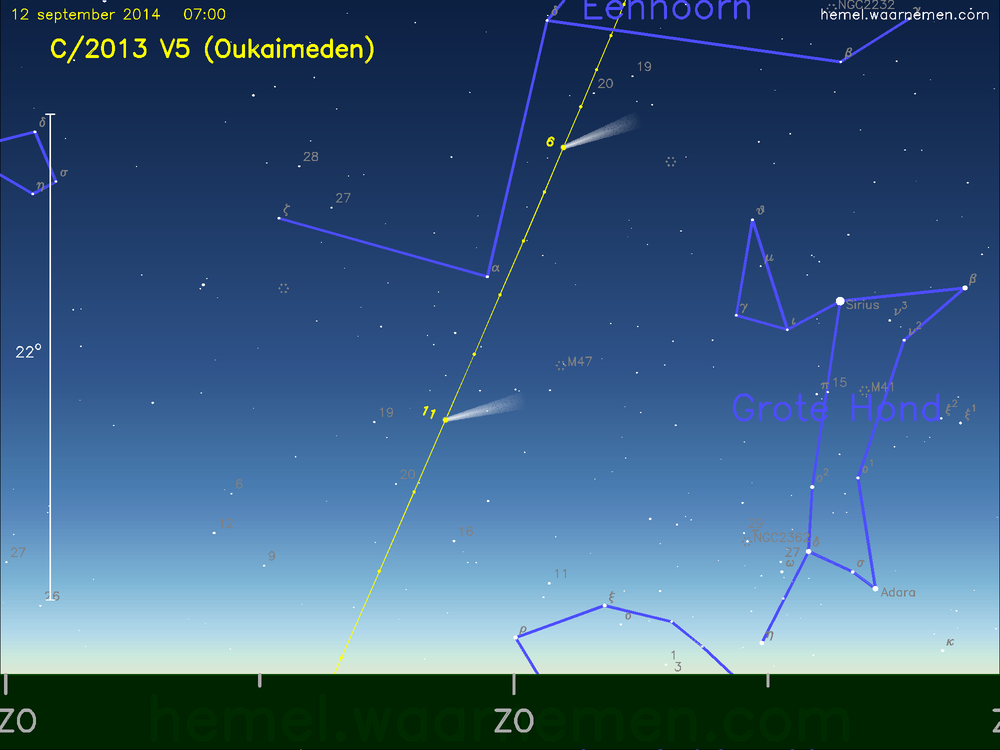 De komeet C/2013 V5 (Oukaimeden) aan de ochtendhemel