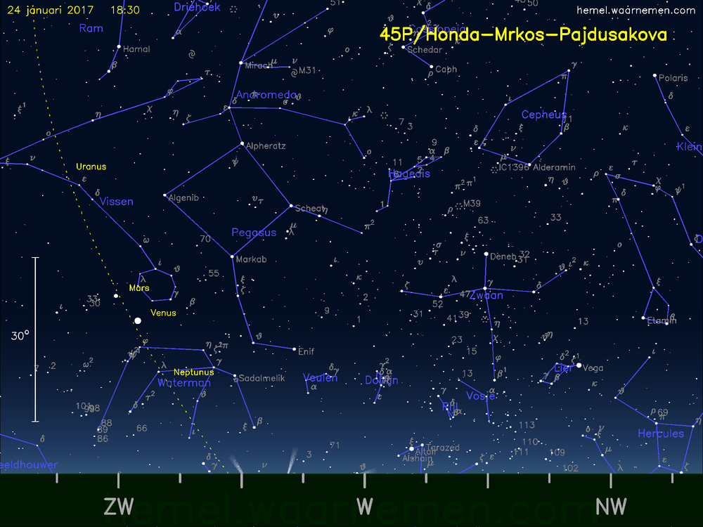 De komeet 45P/Honda-Mrkos-Pajdusakova aan de avondhemel