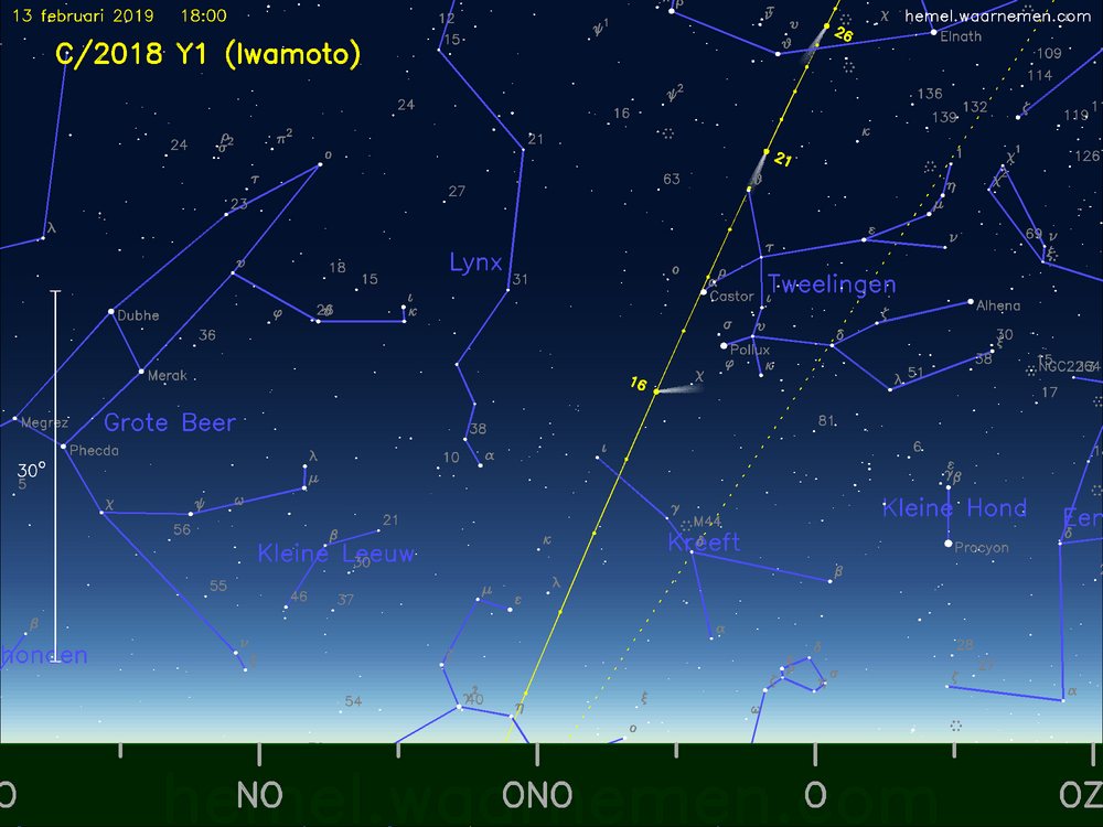 De komeet C/2018 Y1 (Iwamoto) aan de avondhemel