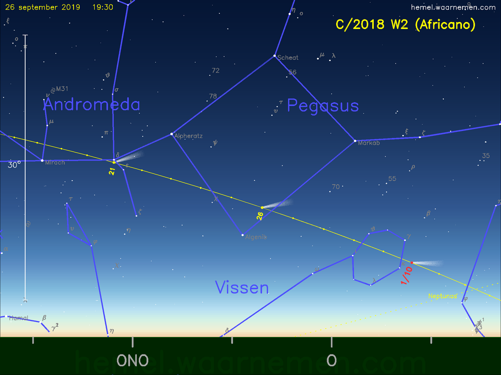 De komeet C/2018 W2 (Africano) aan de avondhemel