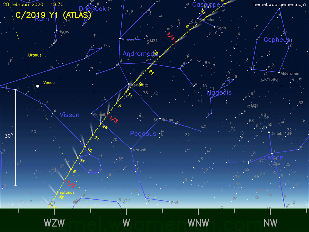 De komeet C/2019 Y1 (ATLAS) aan de avondhemel
