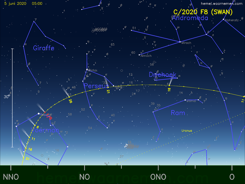 De komeet C/2020 F8 (SWAN) aan de ochtendhemel
