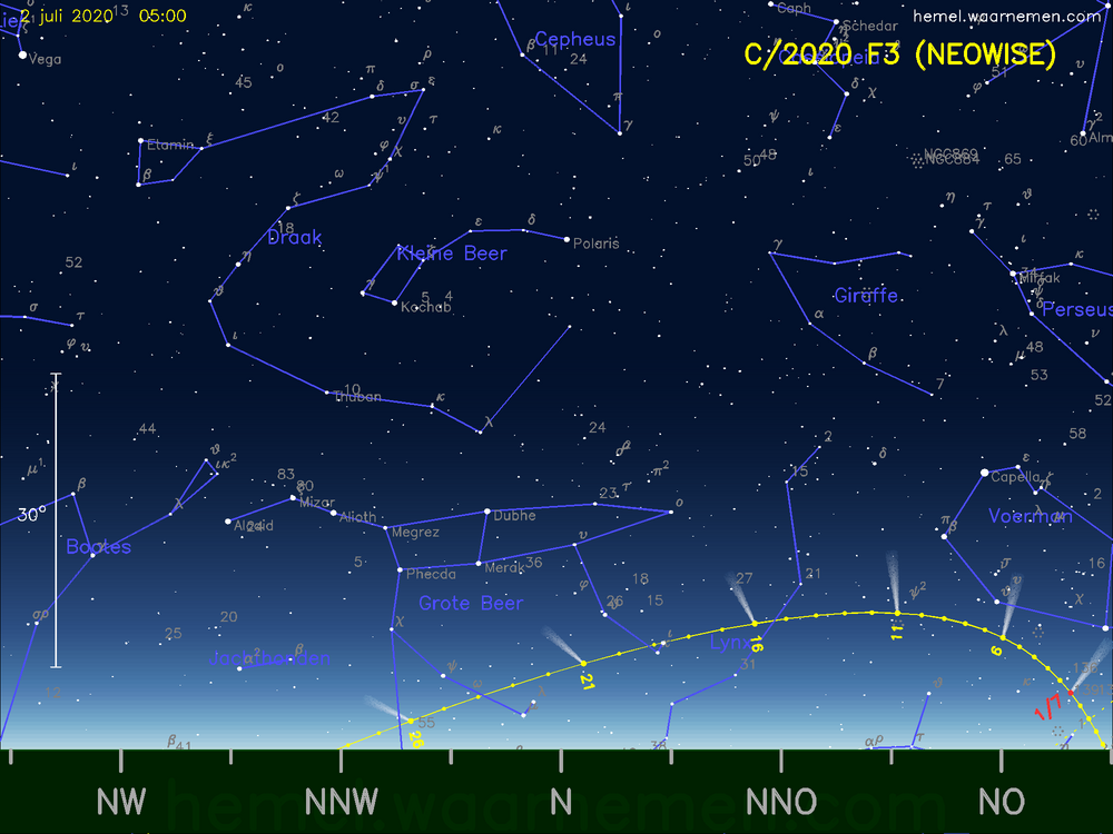 De komeet C/2020 F3 (NEOWISE) aan de ochtendhemel