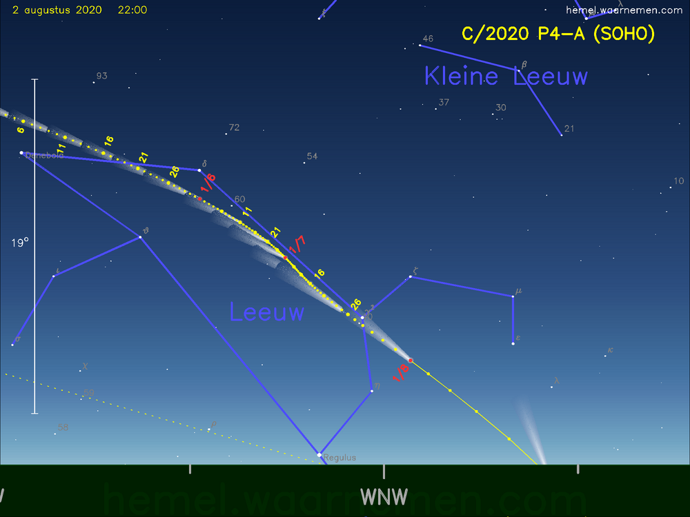 De komeet C/2020 P4-A (SOHO) aan de avondhemel