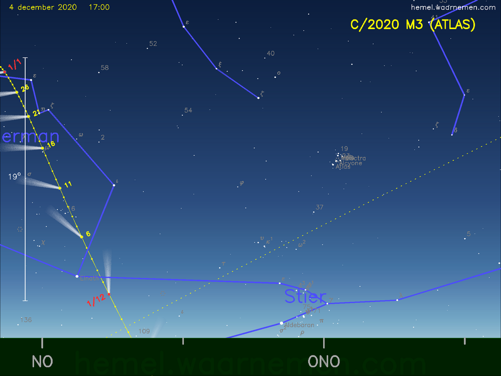 De komeet C/2020 M3 (ATLAS) aan de avondhemel