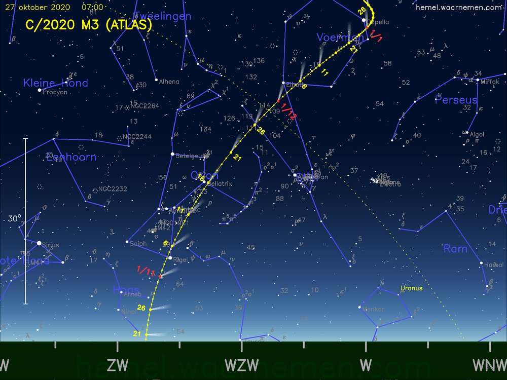 De komeet C/2020 M3 (ATLAS) aan de ochtendhemel