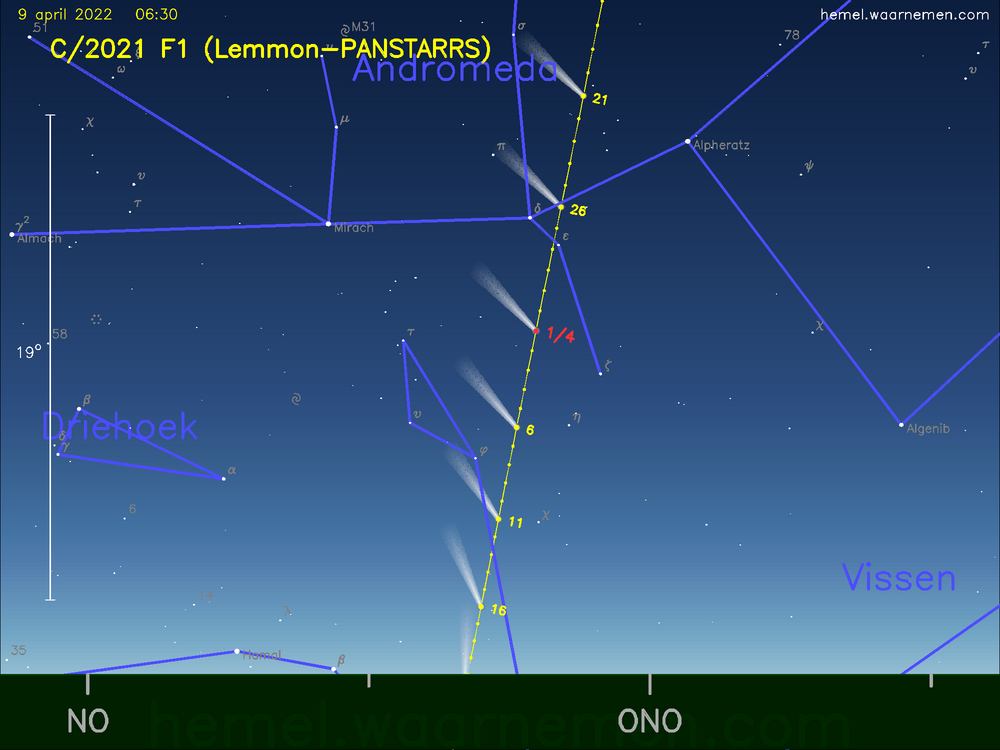 De komeet C/2021 F1 (Lemmon-PANSTARRS) aan de ochtendhemel