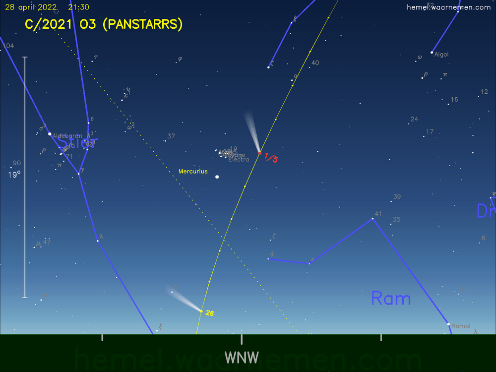 De komeet C/2021 O3 (PANSTARRS) aan de avondhemel