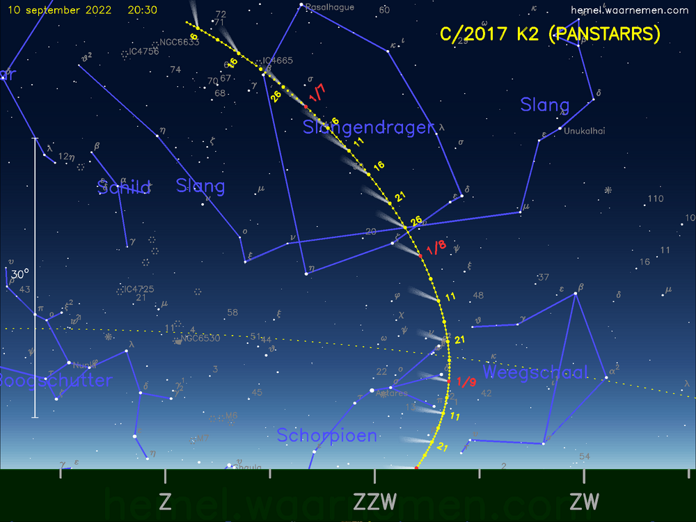 De komeet C/2017 K2 (PANSTARRS) aan de avondhemel