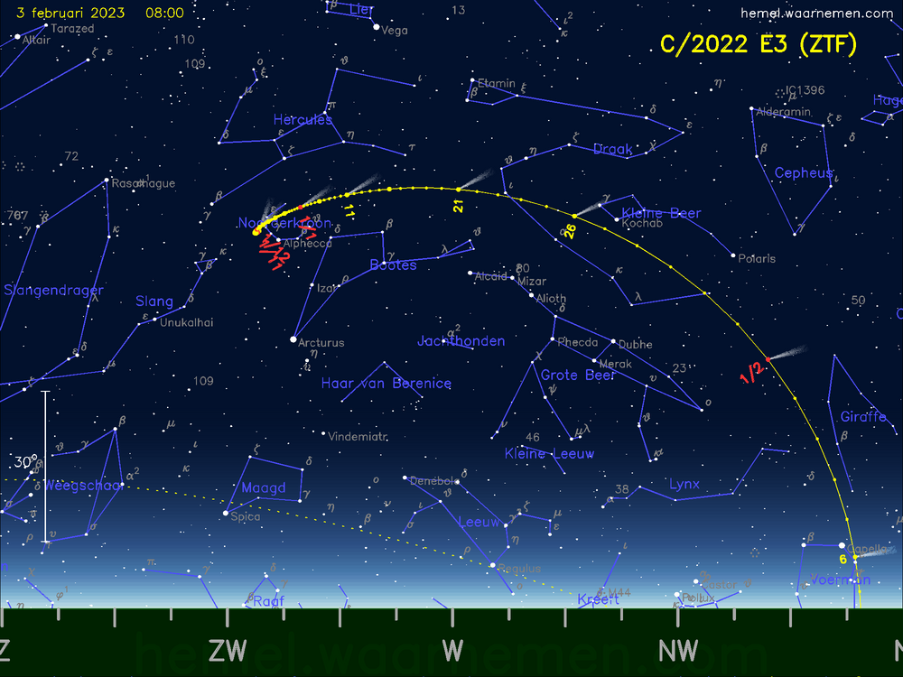 De komeet C/2022 E3 (ZTF) aan de ochtendhemel