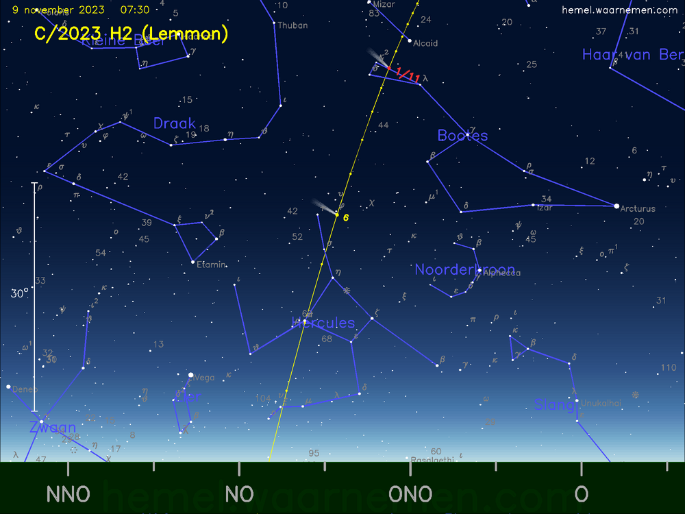 De komeet C/2023 H2 (Lemmon) aan de ochtendhemel