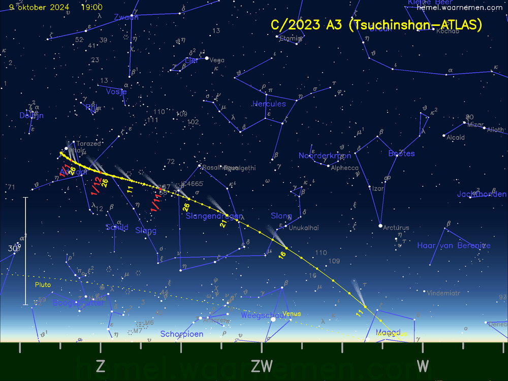 De komeet C/2023 A3 (Tsuchinshan-ATLAS) aan de avondhemel