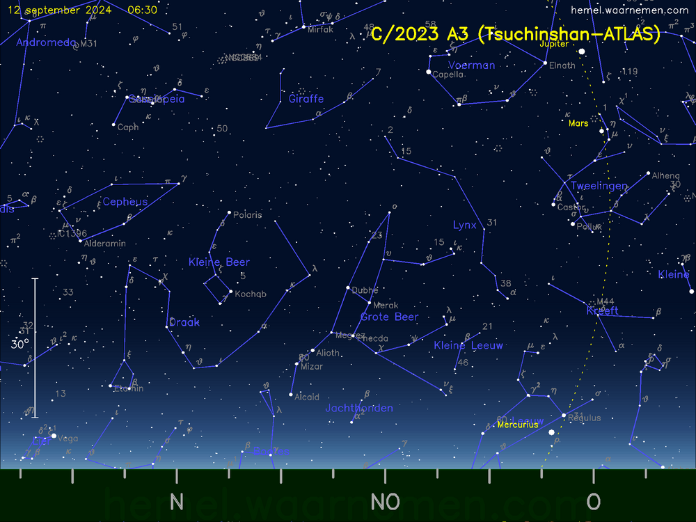 De komeet C/2023 A3 (Tsuchinshan-ATLAS) aan de ochtendhemel