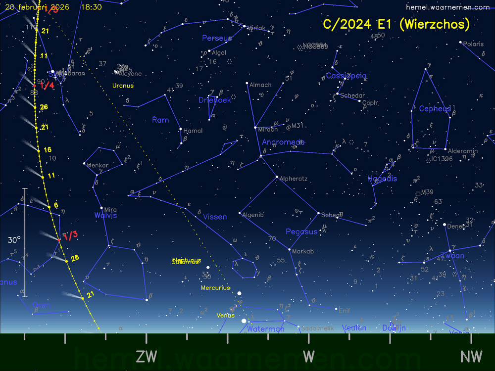 De komeet C/2024 E1 (Wierzchos) aan de avondhemel