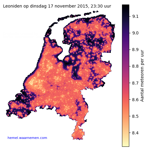 Kaart van Nederland met aantallen Leoniden voor middernacht