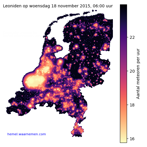 Kaart van Nederland met aantallen Leoniden tijdens het maximum