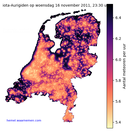Kaart van Nederland met aantallen iota-Aurigiden voor middernacht