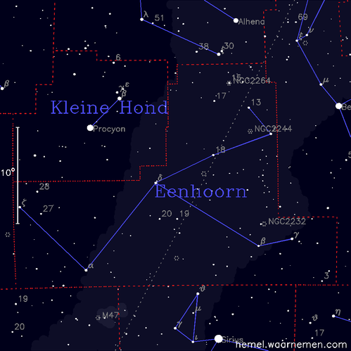 Kaart van het sterrenbeeld Eenhoorn