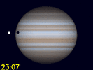 Ganymedes' schaduw en Callisto gelijktijdig zichtbaar op Jupiters schijf