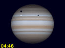 Europa, Europa's schaduw en Ganymedes' schaduw gelijktijdig te zien op de schijf van Jupiter