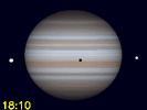 Io's schaduw en Ganymedes gelijktijdig te zien op de schijf van Jupiter