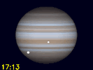 Io, Io's schaduw en Ganymedes gelijktijdig te zien op Jupiters schijf