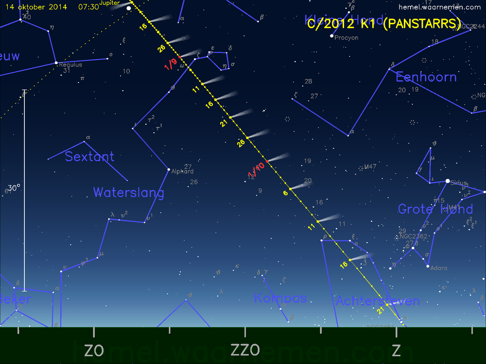 De komeet C/2012 K1 (PANSTARRS) aan de ochtendhemel