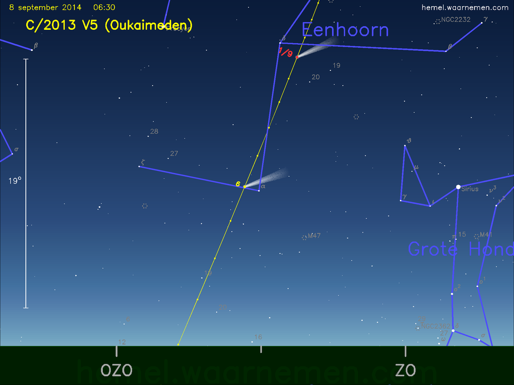 De komeet C/2013 V5 (Oukaimeden) aan de ochtendhemel