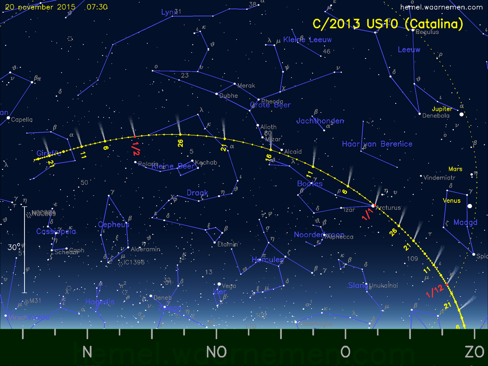 De komeet C/2013 US10 (Catalina) aan de ochtendhemel