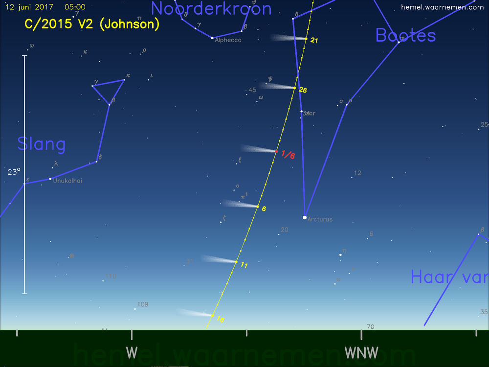De komeet C/2015 V2 (Johnson) aan de ochtendhemel