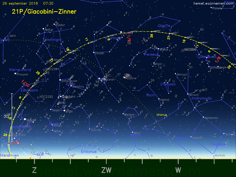 De komeet 21P/Giacobini-Zinner aan de ochtendhemel