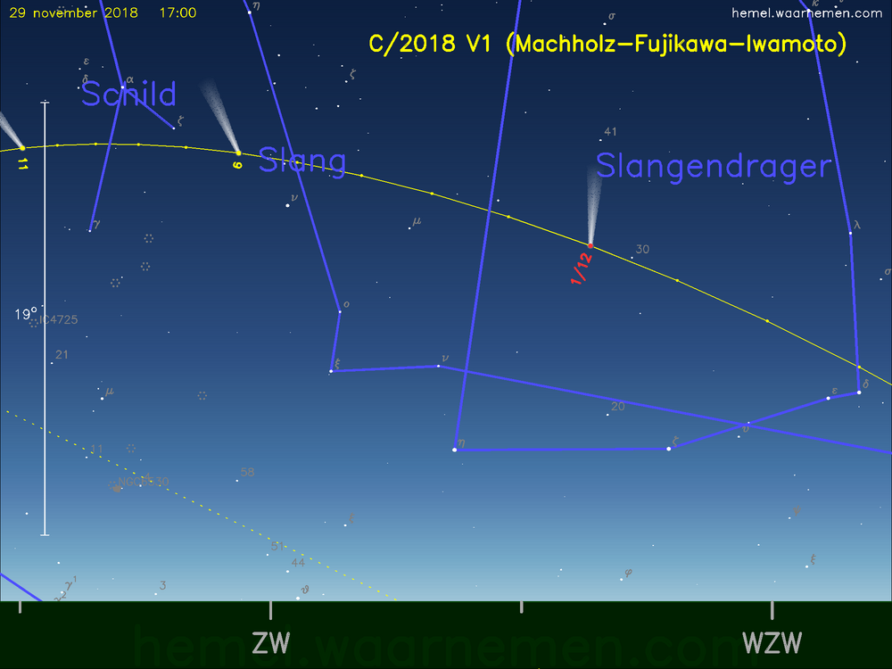 De komeet C/2018 V1 (Machholz-Fujikawa-Iwamoto) aan de avondhemel