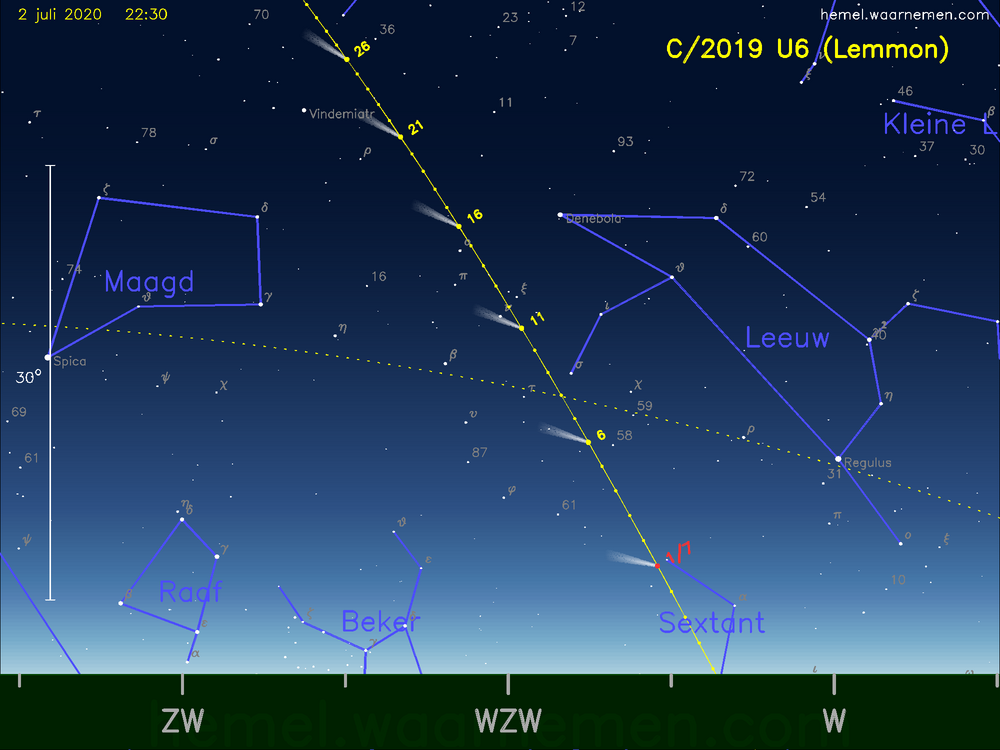 De komeet C/2019 U6 (Lemmon) aan de avondhemel