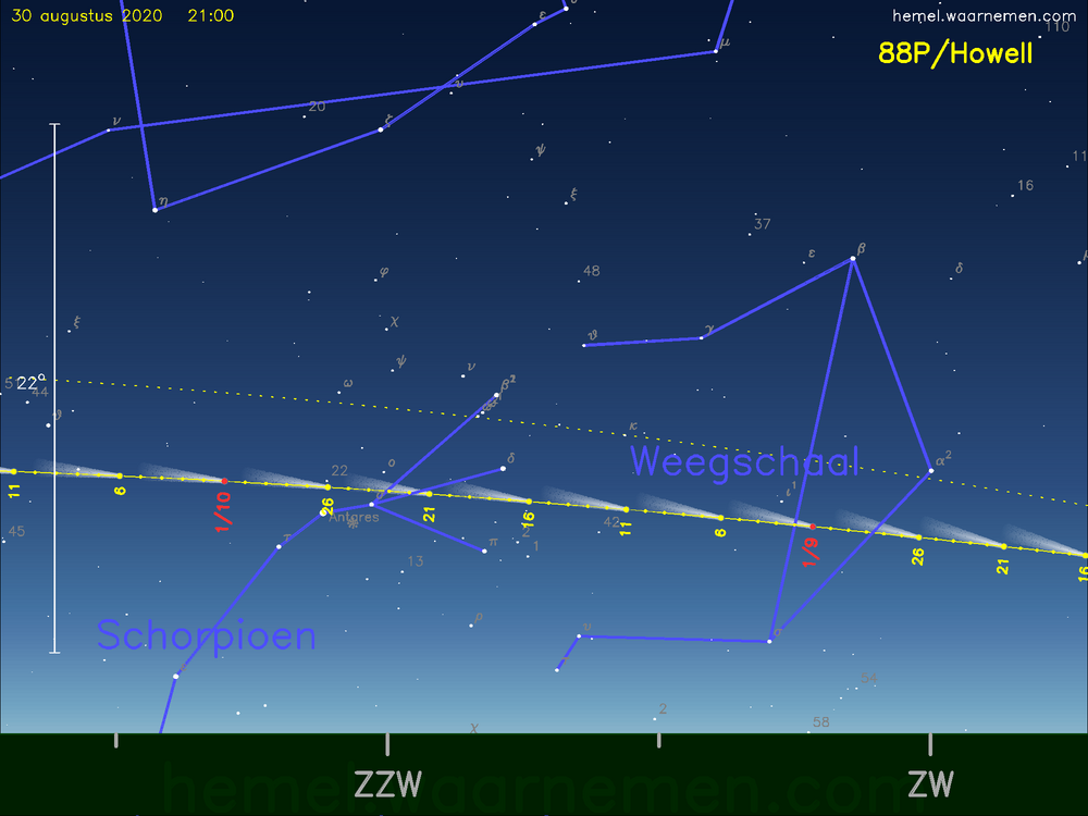 De komeet 88P/Howell aan de avondhemel