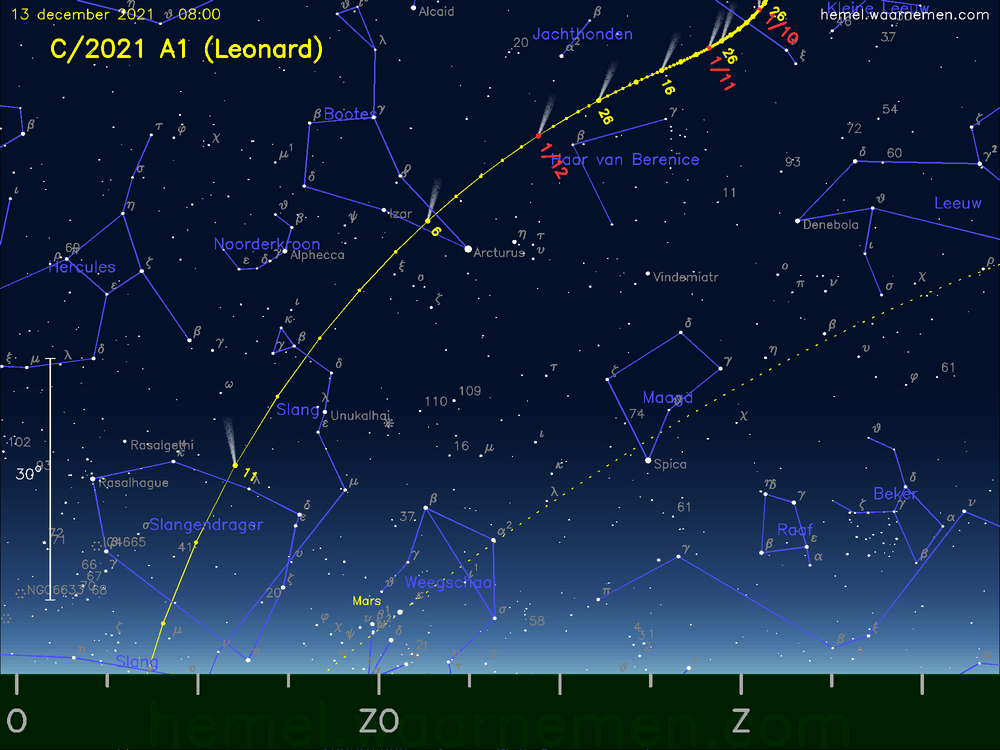 De komeet C/2021 A1 (Leonard) aan de ochtendhemel