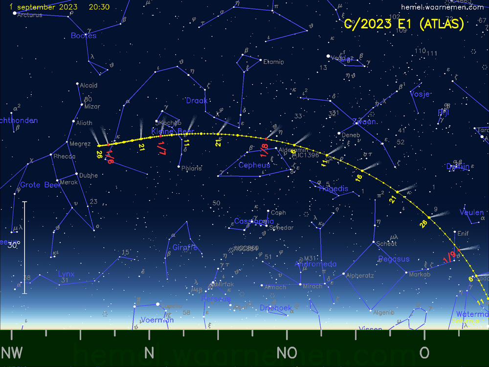 De komeet C/2023 E1 (ATLAS) aan de avondhemel