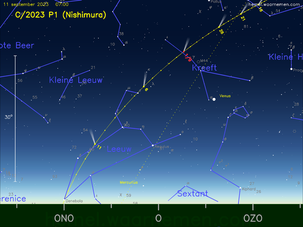 De komeet C/2023 P1 (Nishimura) aan de ochtendhemel