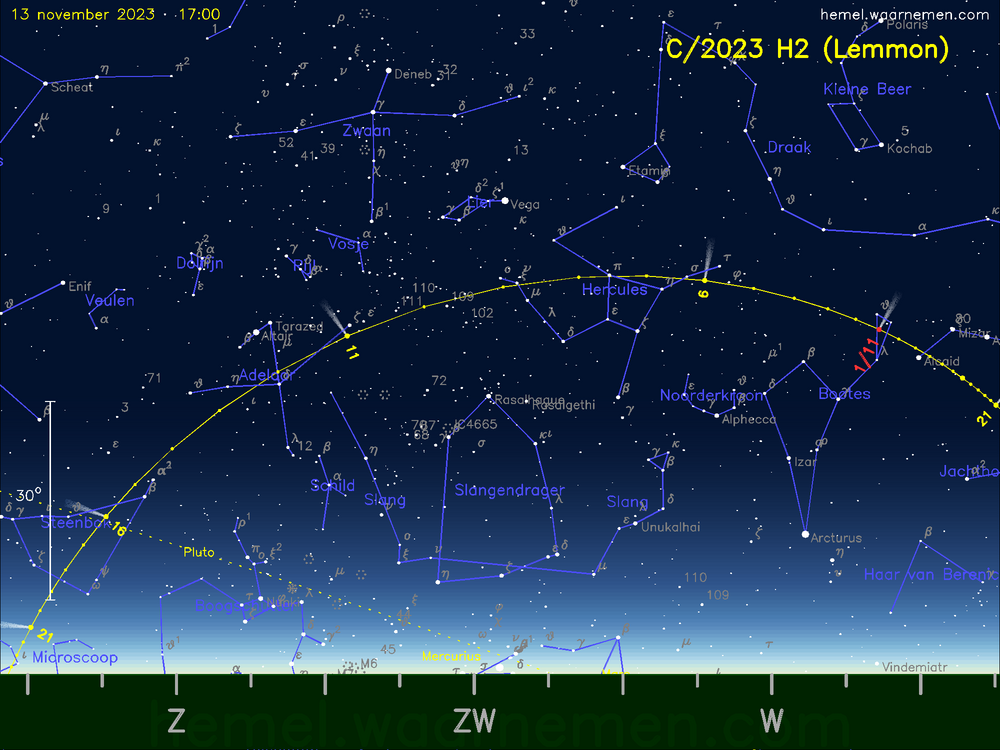 De komeet C/2023 H2 (Lemmon) aan de avondhemel