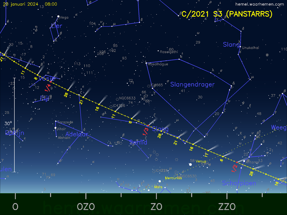 De komeet C/2021 S3 (PANSTARRS) aan de ochtendhemel