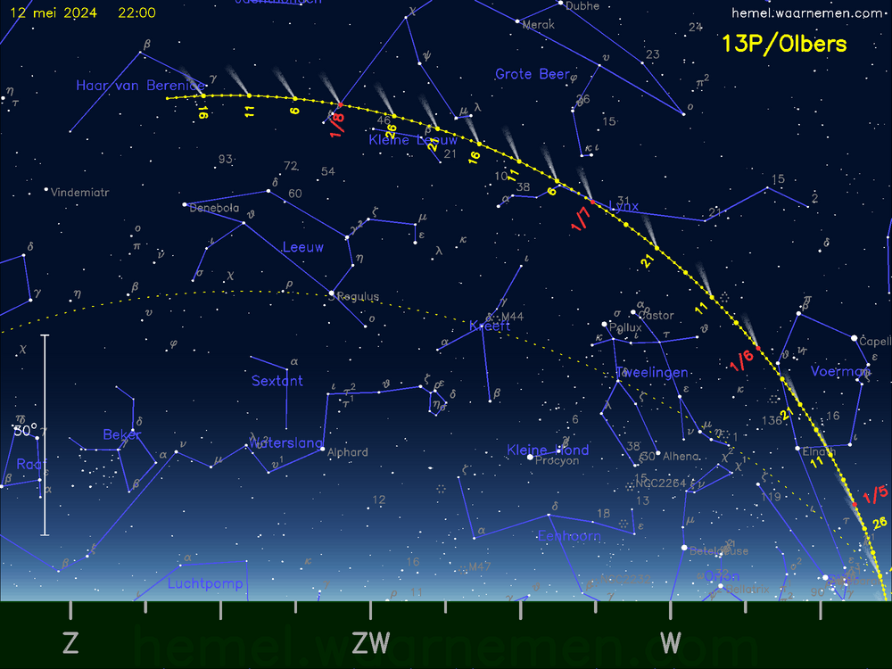 De komeet 13P/Olbers aan de avondhemel